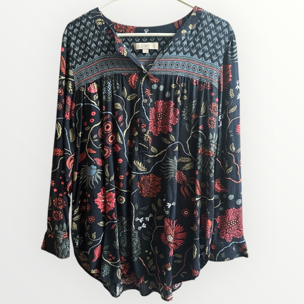 LOFT Navy Blue Floral Long Sleeve Tunic - Picture 2 of 5